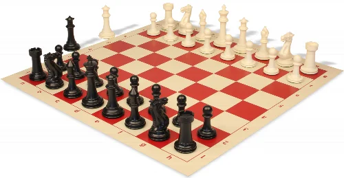 Executive Plastic Chess Set Black & Ivory Pieces with Vinyl Roll-up Board - Red - Image 1