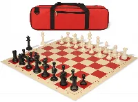 Master Series Large Carry-All Triple Weighted Plastic Chess Set Black & Ivory Pieces with Vinyl Roll-up Board & Bag - Red