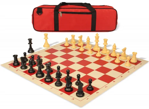 Standard Club Carry-All Plastic Chess Set Black & Camel Pieces with Rollup Board - Red - Image 1