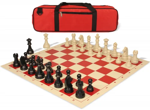 German Knight Large Carry-All Plastic Chess Set Black & Aged Ivory Pieces with Roll-up Vinyl Board & Bag - Red - Image 1