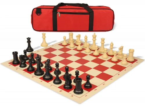 Conqueror Carry-All Plastic Chess Set Black & Camel Pieces with Rollup Board - Red - Image 1