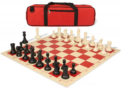 Conqueror Carry-All Plastic Chess Set Black & Ivory Pieces with Rollup Board - Red - Image 1