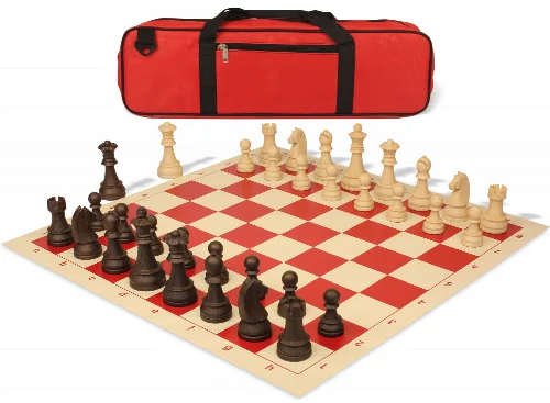 German Knight Large Carry-All Plastic Chess Set Wood Grain Pieces with Vinyl Roll-up Board & Bag - Red - Image 1