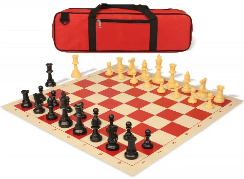 Standard Club Carry-All Triple Weighted Plastic Chess Set Black & Camel Pieces with Rollup Board - Red - Image 1