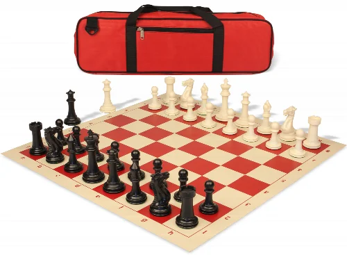 Executive Large Carry-All Plastic Chess Set Black & Ivory Pieces with Vinyl Roll-up Board & Bag - Red - Image 1