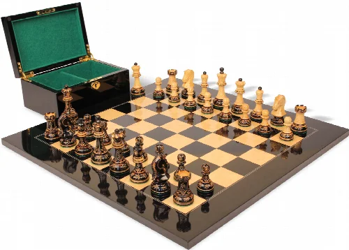 Dubrovnik Series Chess Set Burnt Boxwood Pieces with Black & Ash Burl Board & Box - 3.9" King - Image 1