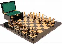 Dubrovnik Series Chess Set Burnt Boxwood Pieces with Black & Ash Burl Board & Box - 3.9" King