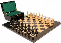 Fierce Knight Staunton Chess Set Ebony & Boxwood Pieces with Black & Ash Burl Chess Board & Box - 3.5" King