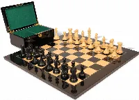 New Exclusive Staunton Chess Set Ebonized & Boxwood Pieces with Black & Ash Burl Board & Box - 4" King