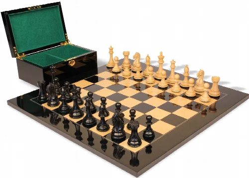 Fierce Knight Staunton Chess Set Ebonized & Boxwood Pieces with Black & Ash Burl Board & Box - 3.5" King - Image 1