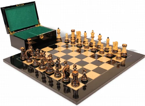 Zagreb Series Chess Set Decorative Burnt Boxwood Pieces with Black & Ash Burl Board & Box - 3.875" King - Image 1