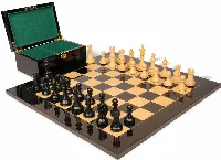 British Staunton Chess Set Ebony & Boxwood Pieces with Black & Ash Burl Board & Box - 4" King