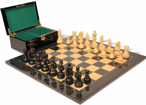 French Lardy Staunton Chess Set Ebonized & Boxwood Pieces with Black & Ash Burl Board & Box - 3.75" King - Image 1