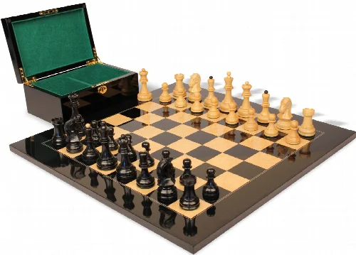 Dubrovnik Series Chess Set Ebony & Boxwood Pieces with Black & Ash Burl Board & Box - 3.9" King - Image 1