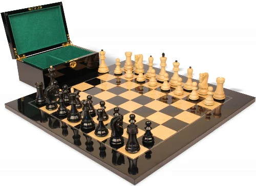 Zagreb Series Chess Set Ebony & Boxwood Pieces with Black & Ash Burl Board & Box - 3.875" King - Image 1