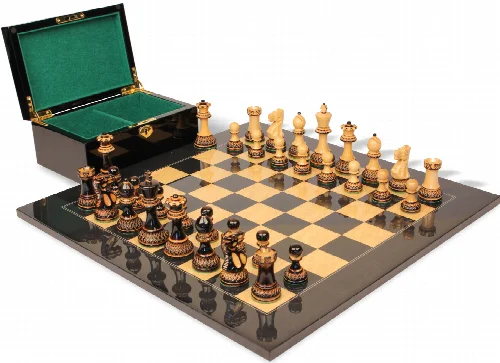Parker Staunton Chess Set Burnt Boxwood Pieces with Black Ash Burl Board & Box - 3.75" King - Image 1