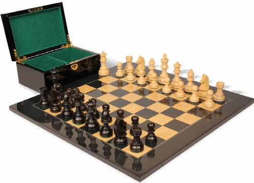 German Knight Staunton Chess Set Ebonized & Boxwood Pieces with Black & Ash Burl Board & Box - 3.75" King - Image 1