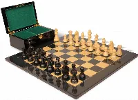 German Knight Staunton Chess Set Ebonized & Boxwood Pieces with Black & Ash Burl Board & Box - 3.75" King