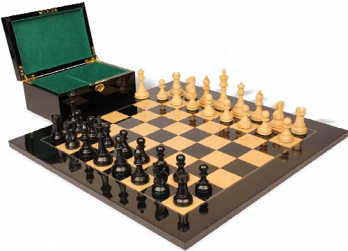 British Staunton Chess Set Ebony & Boxwood Pieces with Black & Ash Burl Board & Box - 3.5" King - Image 1