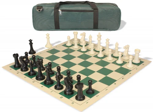 Executive Carry-All Plastic Chess Set Black & Ivory Pieces with Vinyl Rollup Board - Green - Image 1