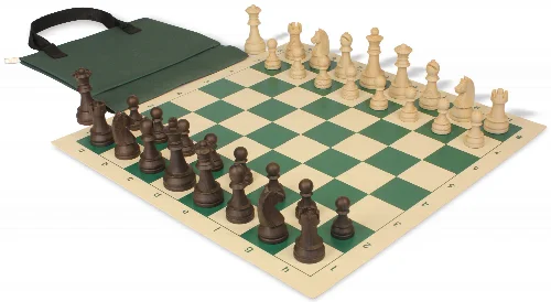 German Knight Easy-Carry Plastic Chess Set Wood Grain Pieces with Vinyl Rollup Board - Green - Image 1