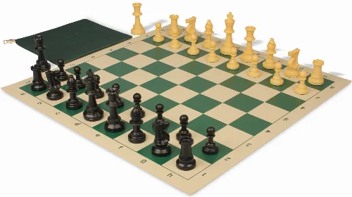 Standard Club Classroom Triple Weighted Plastic Chess Set Black & Camel Pieces with Vinyl Rollup Board - Green - Image 1
