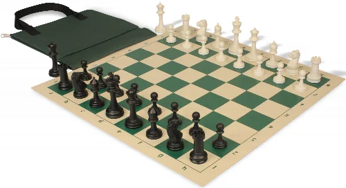 Master Series Easy-Carry Plastic Chess Set Black & Ivory Pieces with Vinyl Rollup Board - Green - Image 1