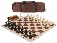 Standard Club Large Carry-All Plastic Chess Set Black & Ivory Pieces with Clock, Bag, & Lightweight Floppy Board - Brown