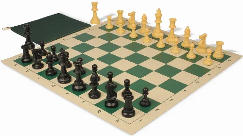 Standard Club Classroom Plastic Chess Set Black & Camel Pieces with Vinyl Rollup Board - Green - Image 1