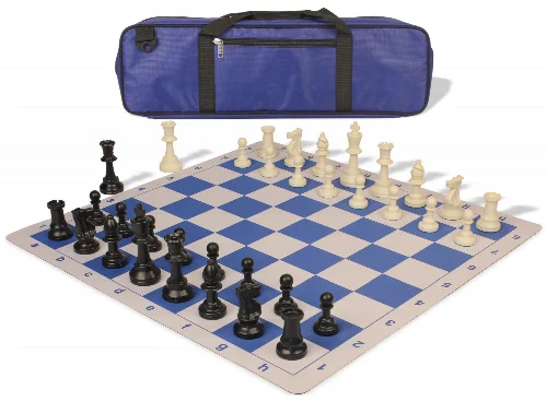 Standard Club Carry-All Plastic Chess Set Black & Ivory Pieces with Lightweight Floppy Board - Royal Blue - Image 1