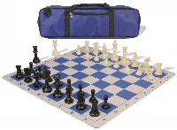 Standard Club Carry-All Plastic Chess Set Black & Ivory Pieces with Lightweight Floppy Board - Royal Blue