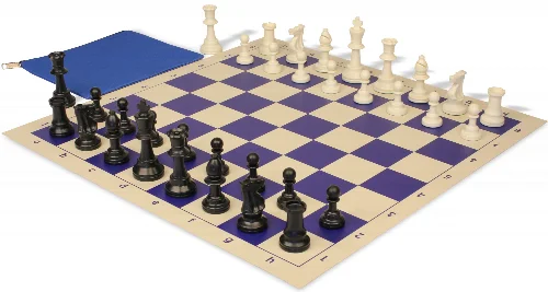 Standard Club Classroom Plastic Chess Set Black & Ivory Pieces with Vinyl Rollup Board - Blue - Image 1
