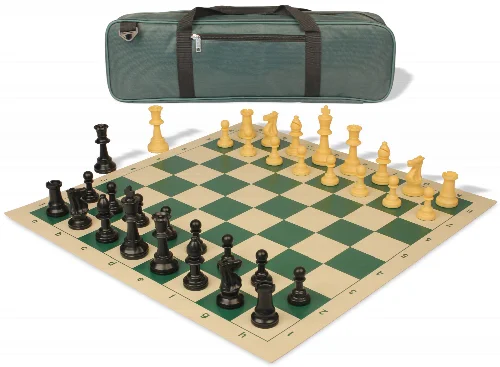 Standard Club Carry-All Plastic Chess Set Black & Camel Pieces with Vinyl Rollup Board - Green - Image 1