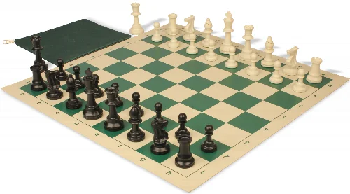 Standard Club Classroom Triple Weighted Plastic Chess Set Black & Ivory Pieces with Vinyl Roll-up Board - Green - Image 1