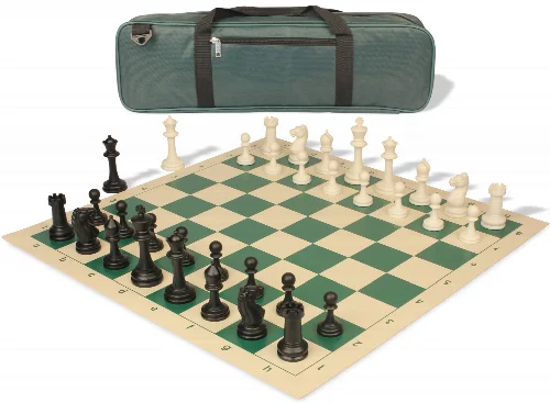 Master Series Carry-All Triple Weighted Plastic Chess Set Black & Ivory Pieces with Vinyl Rollup Board - Green - Image 1