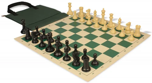 Conqueror Easy-Carry Plastic Chess Set Black & Camel Pieces with Vinyl Rollup Board - Green - Image 1