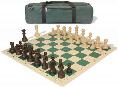 German Knight Carry-All Plastic Chess Set Wood Grain Pieces with Vinyl Rollup Board - Green - Image 1