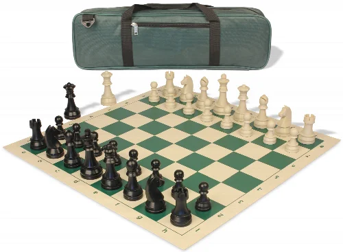 German Knight Carry-All Plastic Chess Set Black & Aged Ivory Pieces with Vinyl Rollup Board - Green - Image 1