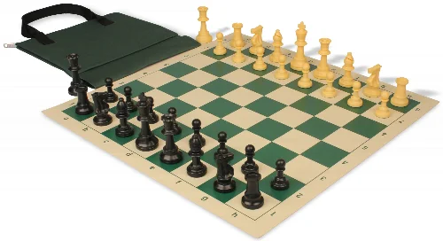 Standard Club Easy-Carry Triple Weighted Plastic Chess Set Black & Camel Pieces with Vinyl Rollup Board - Green - Image 1
