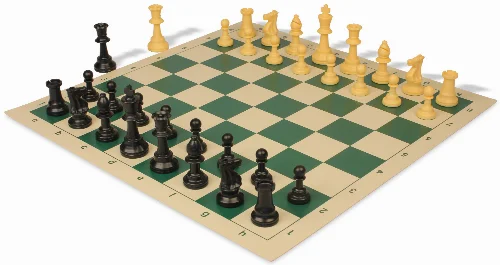 Standard Club Triple Weighted Plastic Chess Set Black & Camel Pieces with Vinyl Rollup Board - Green - Image 1