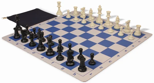 Standard Club Classroom Plastic Chess Set Black & Ivory Pieces with Lightweight Floppy Board - Blue - Image 1
