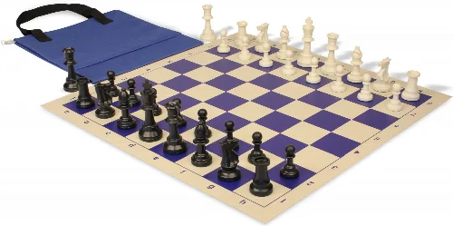 Standard Club Easy-Carry Plastic Chess Set Black & Ivory Pieces with Vinyl Rollup Board - Blue - Image 1