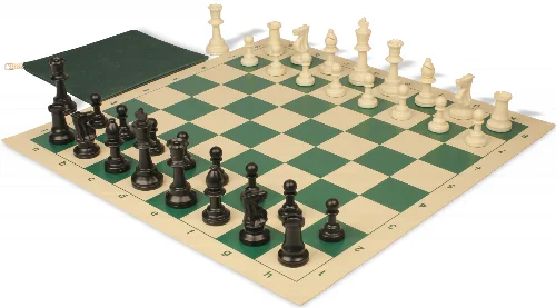Standard Club Classroom Plastic Chess Set Black & Ivory Pieces with Vinyl Rollup Board - Green - Image 1
