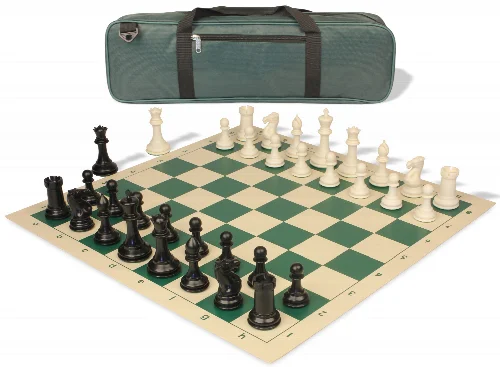 Conqueror Carry-All Plastic Chess Set Black & Ivory Pieces with Vinyl Rollup Board - Green - Image 1