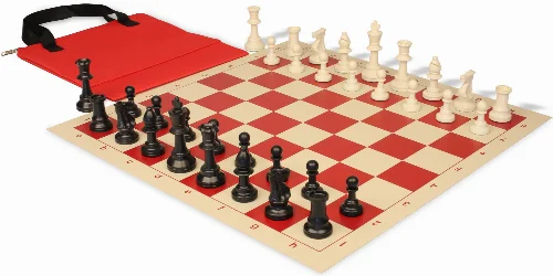 Standard Club Easy-Carry Plastic Chess Set Black & Ivory Pieces with Vinyl Rollup Board - Red - Image 1