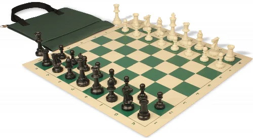 Standard Club Easy-Carry Triple Weighted Plastic Chess Set Black & Ivory Pieces with Vinyl Rollup Board - Green - Image 1