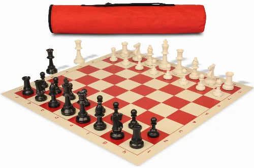 Archer's Bag Standard Club Plastic Chess Set Black & Ivory Pieces - Red - Image 1