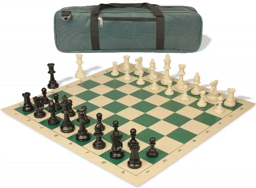 Standard Club Carry-All Triple Weighted Plastic Chess Set Black & Ivory Pieces with Vinyl Rollup Board - Green - Image 1