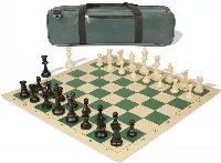 Standard Club Carry-All Triple Weighted Plastic Chess Set Black & Ivory Pieces with Vinyl Rollup Board - Green