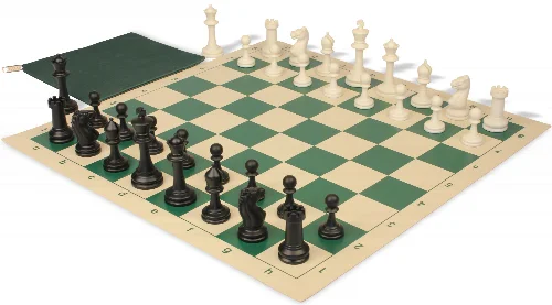 Master Series Classroom Triple Weighted Plastic Chess Set Black & Ivory Pieces with Vinyl Roll-up Board & Bag - Green - Image 1